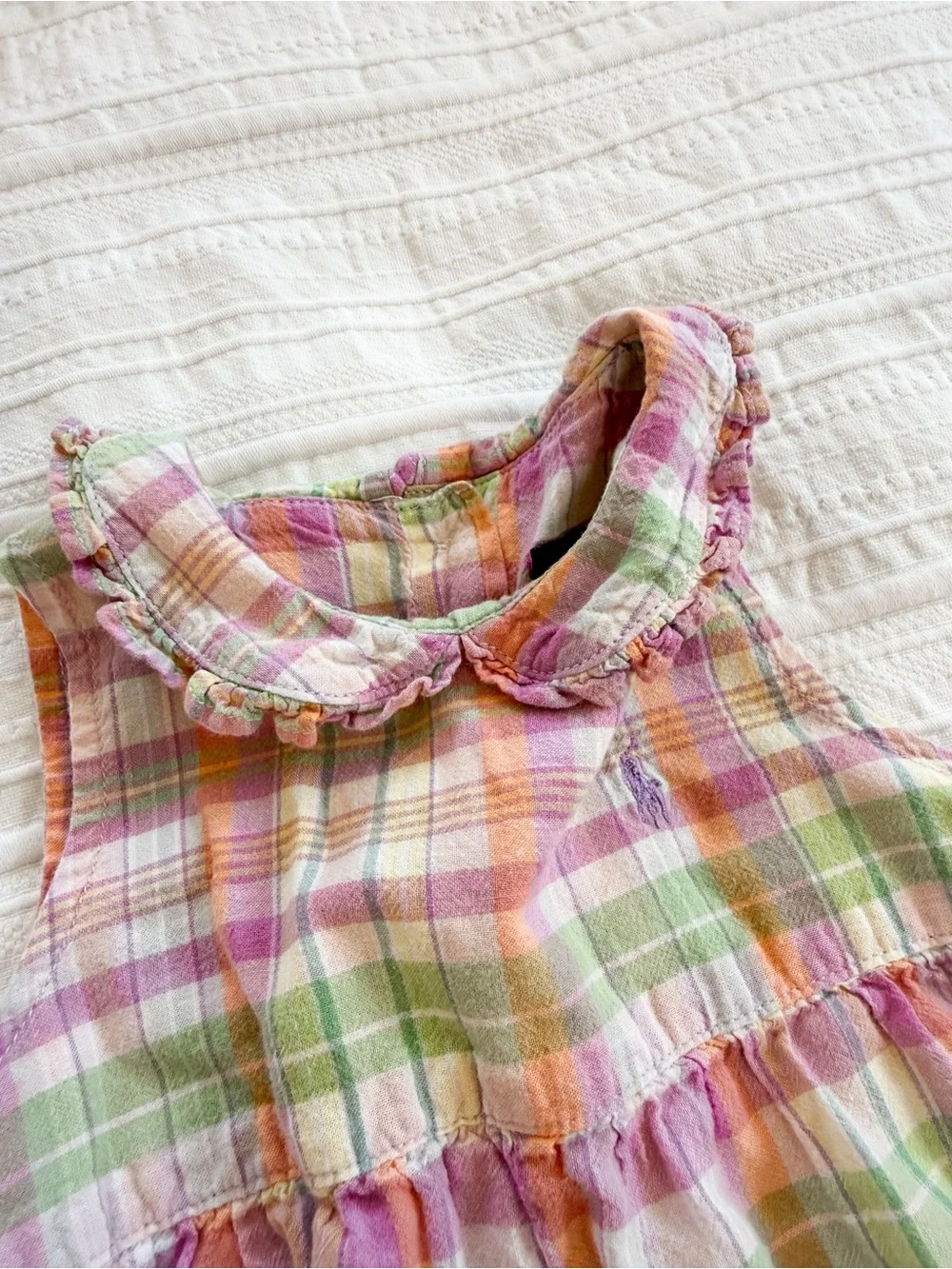 Vintage Ralph Lauren 100% Cotton Baby Girl Plaid Romper Peter Pan Collar Bubble